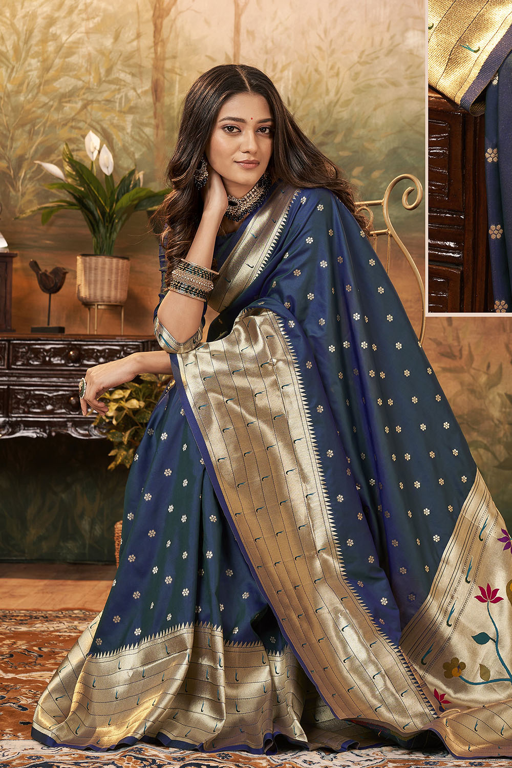 Space Blue Banarasi Paithani Saree with Parrot Pallu and Broad Zari Border