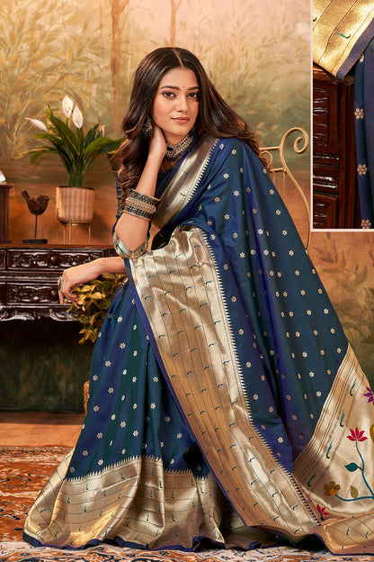 Space Blue Banarasi Paithani Saree with Parrot Pallu and Broad Zari Border