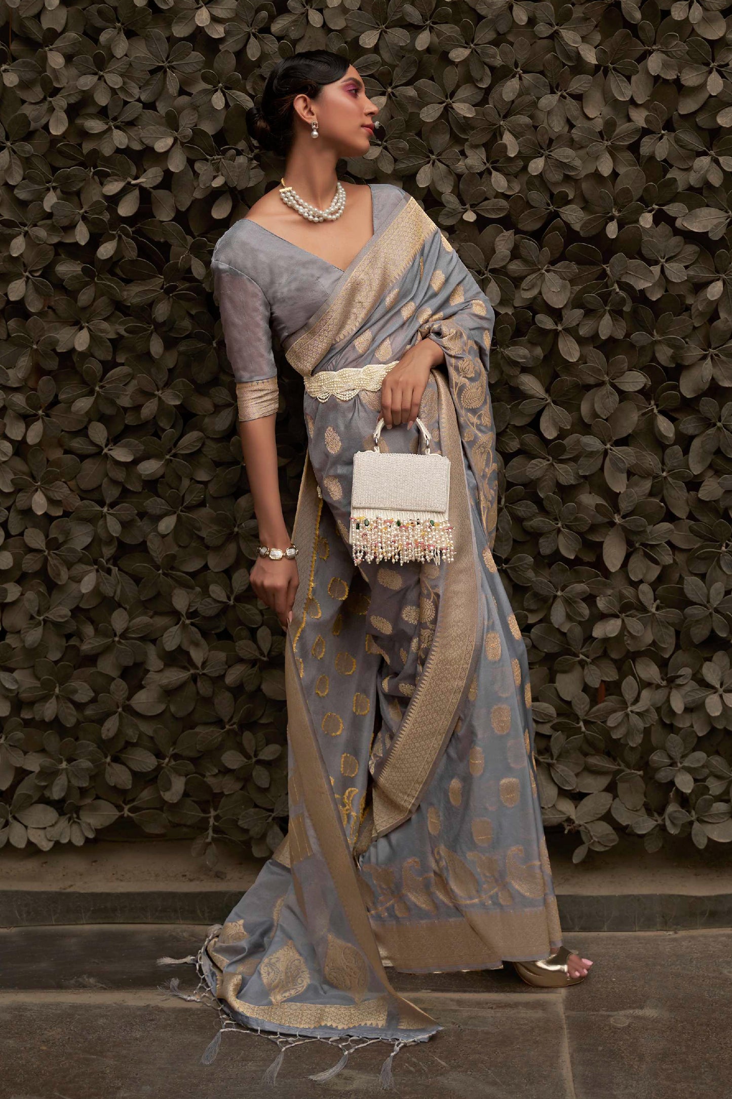 Shadow Grey Banarasi Zari Woven Saree with Grand Pallu