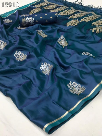 French Blue Blue Silk Handloom Weaving Saree