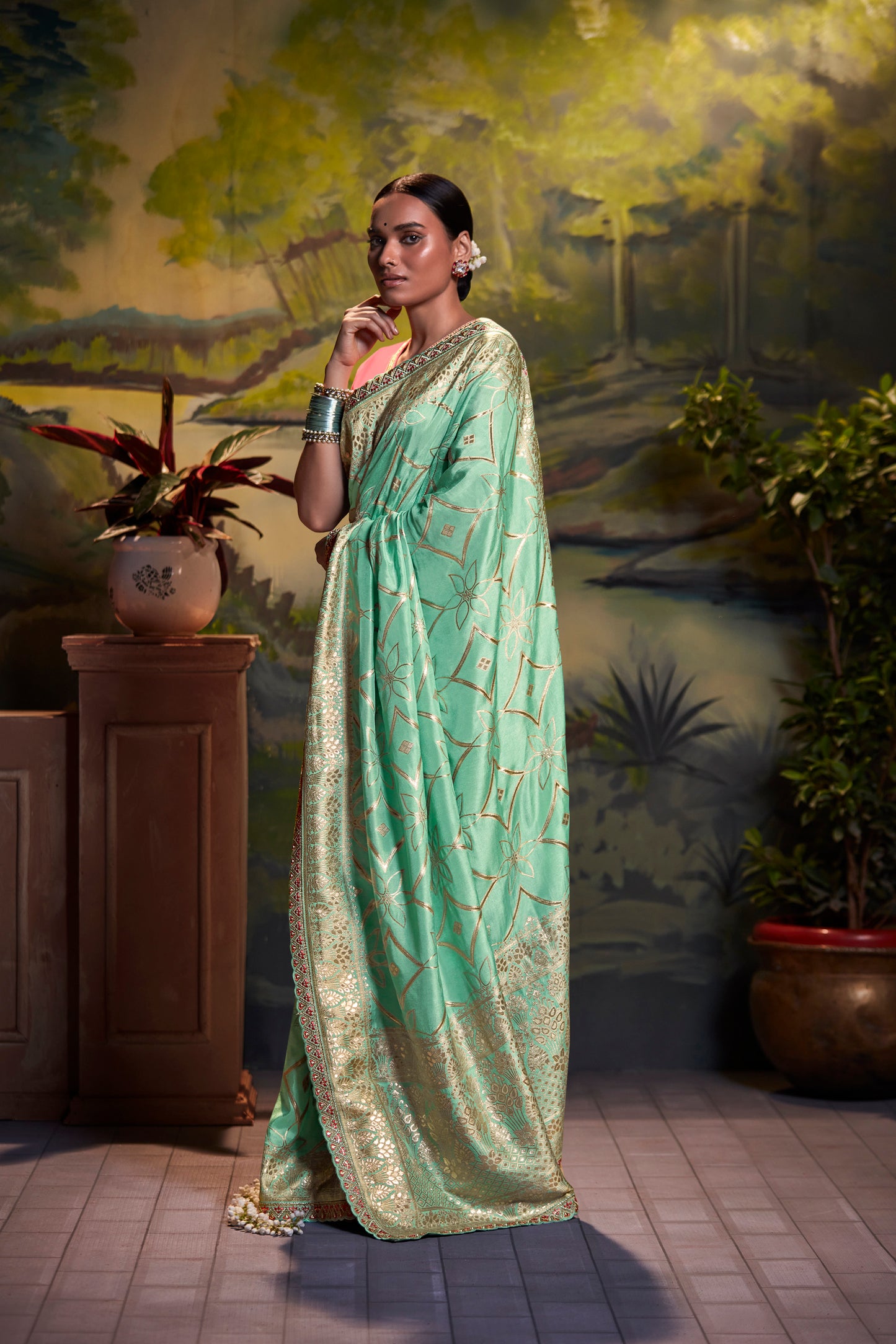 Sage Green Woven Banarasi Silk Saree with Pastel Pink Blouse