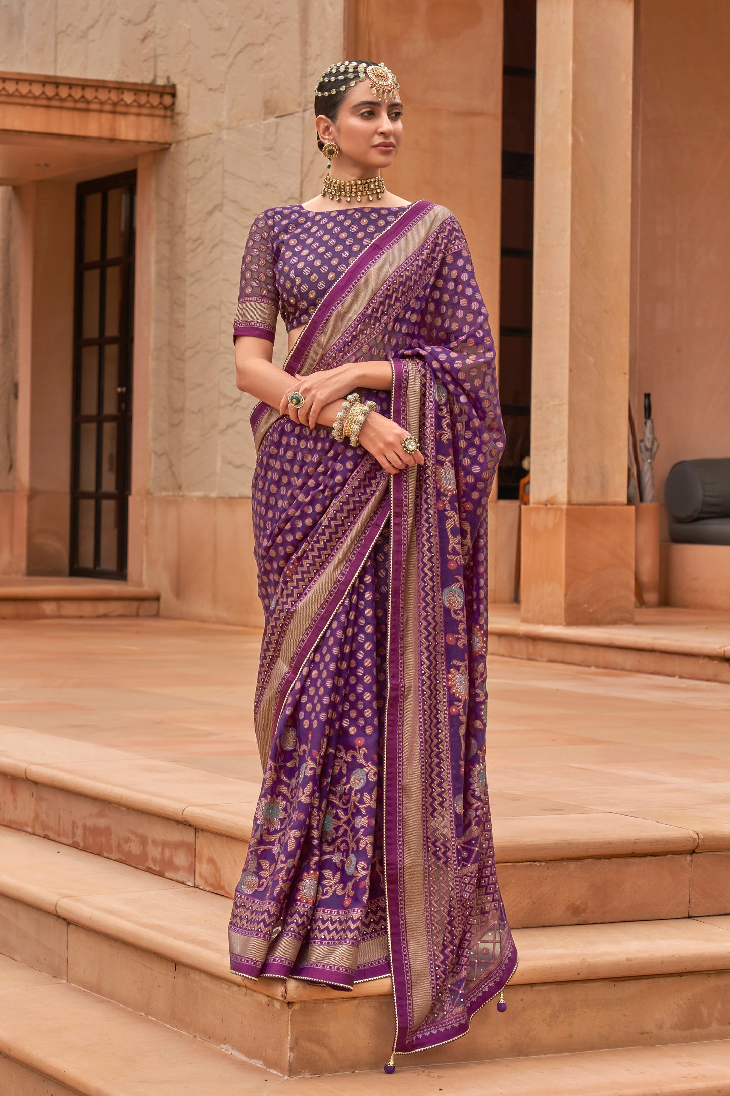 Mahogany Purple Floral Broad Design Border Soft Silk Saree