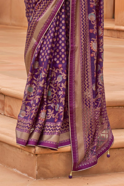 Mahogany Purple Floral Broad Design Border Soft Silk Saree