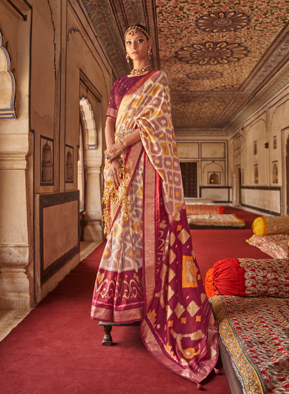 Cream with Red Ikat Design Patola Saree in Pure Satin Silk