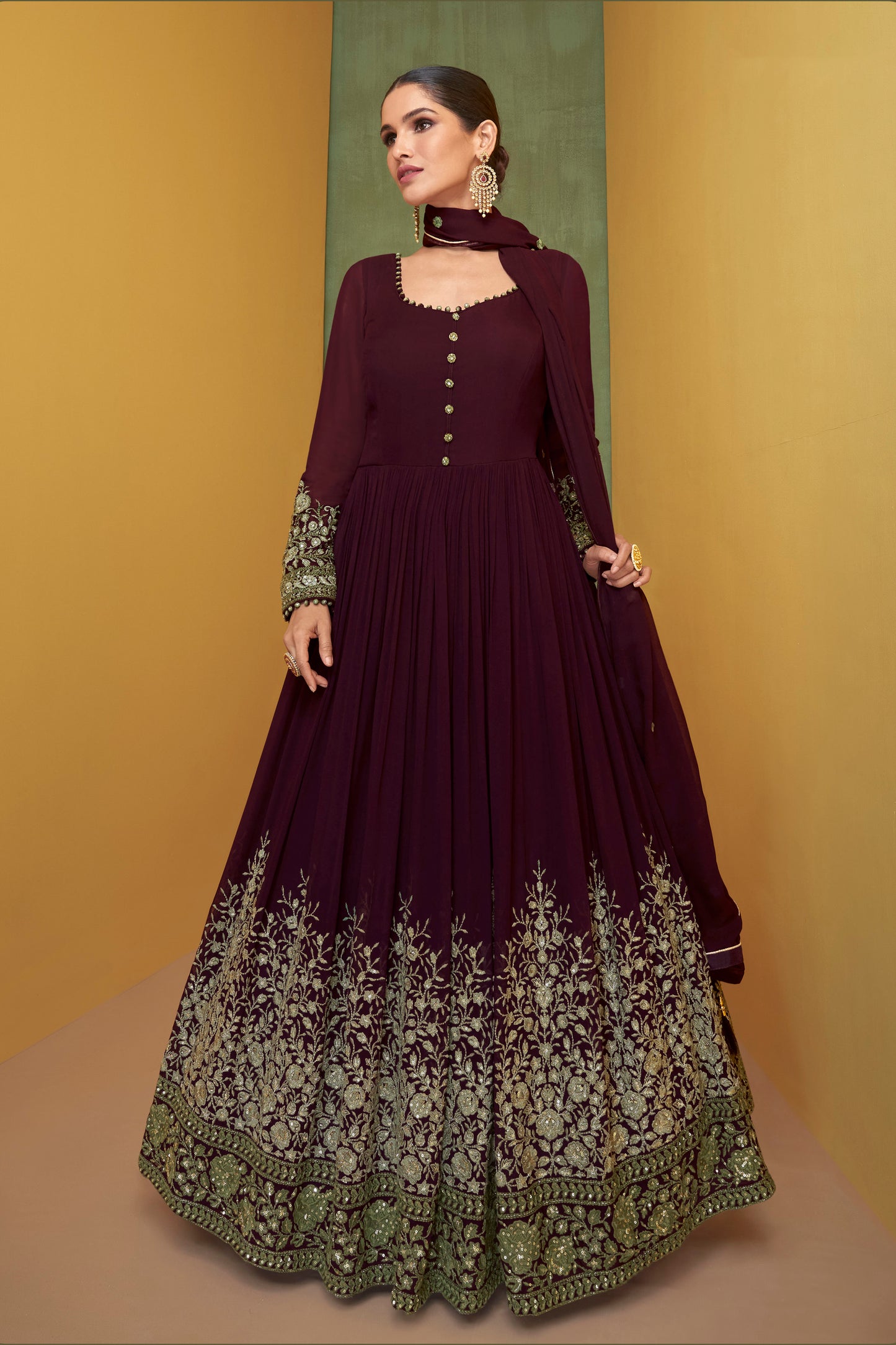 Chocolate Red Designer Anarkali Georgette Long Suit with Dupatta