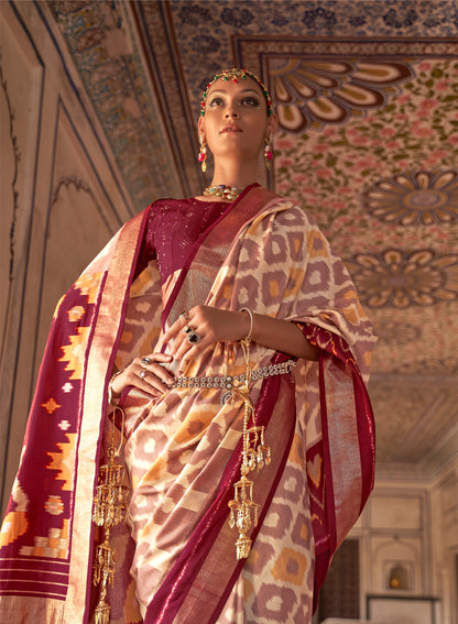 Cream with Red Ikat Design Patola Saree in Pure Satin Silk