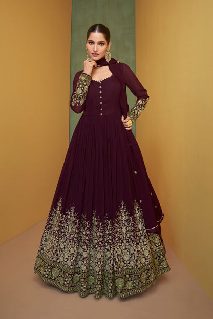 Chocolate Red Designer Anarkali Georgette Long Suit with Dupatta