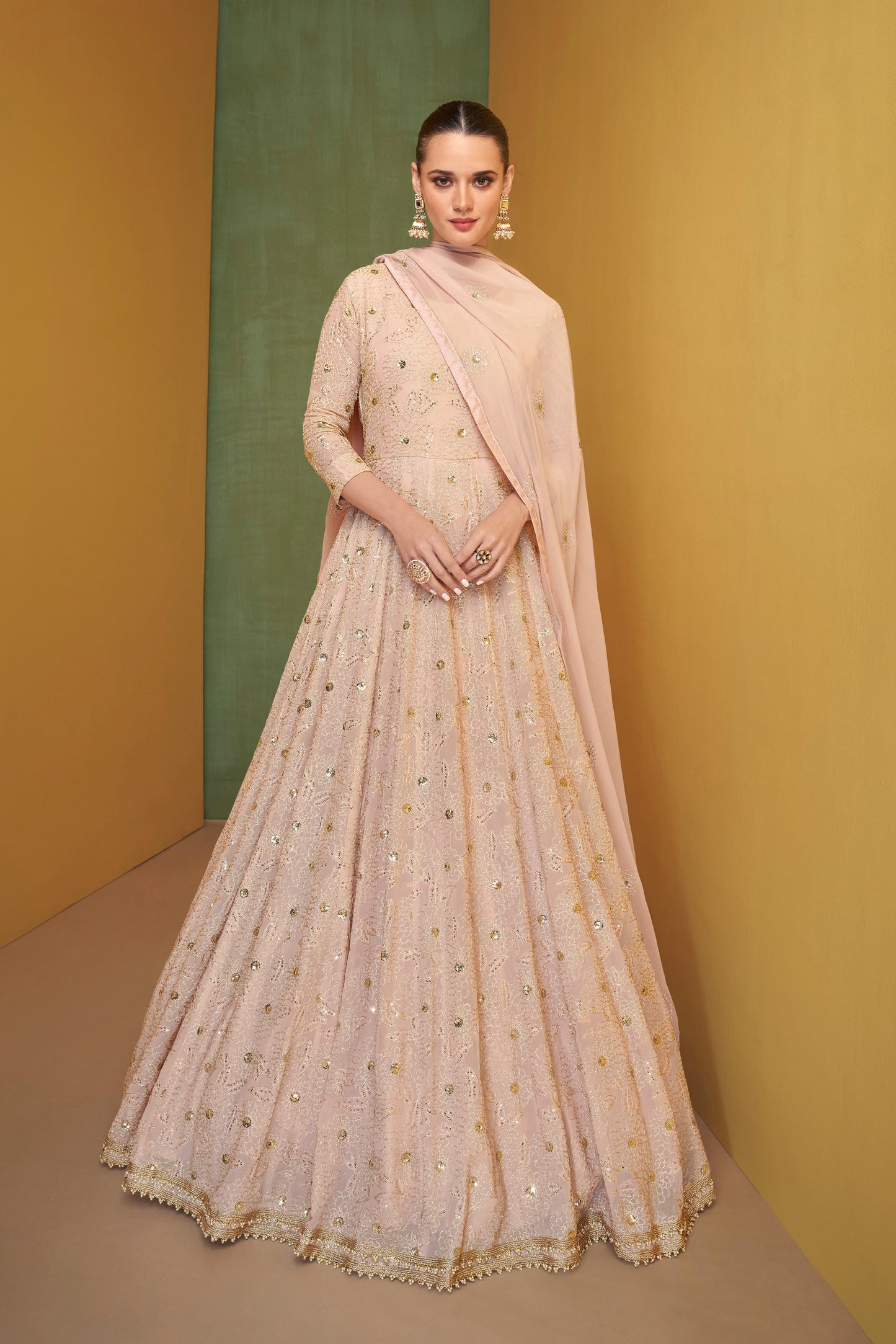 Light Peach Designer Anarkali Georgette Long Suit with Dupatta