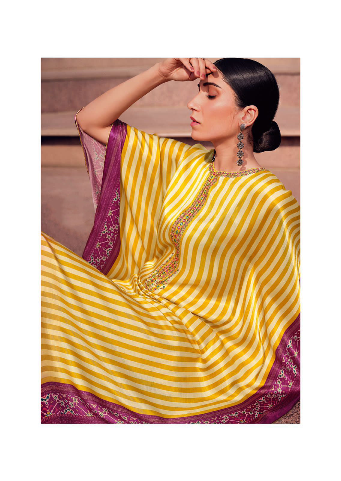 Yellow White Stripe Kaftan Dress in Pure Satin with Purple Patola Border