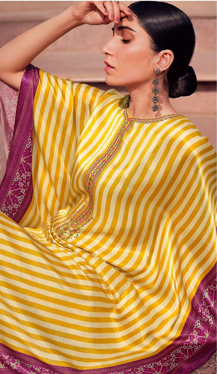 Yellow White Stripe Kaftan Dress in Pure Satin with Purple Patola Border