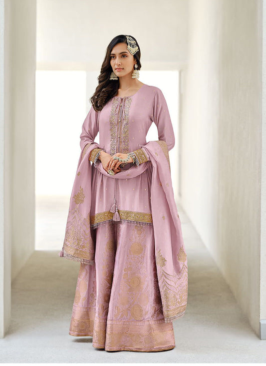 Light Mauve Embroidered Sharara Suit with Organza Embroidered Dupatta