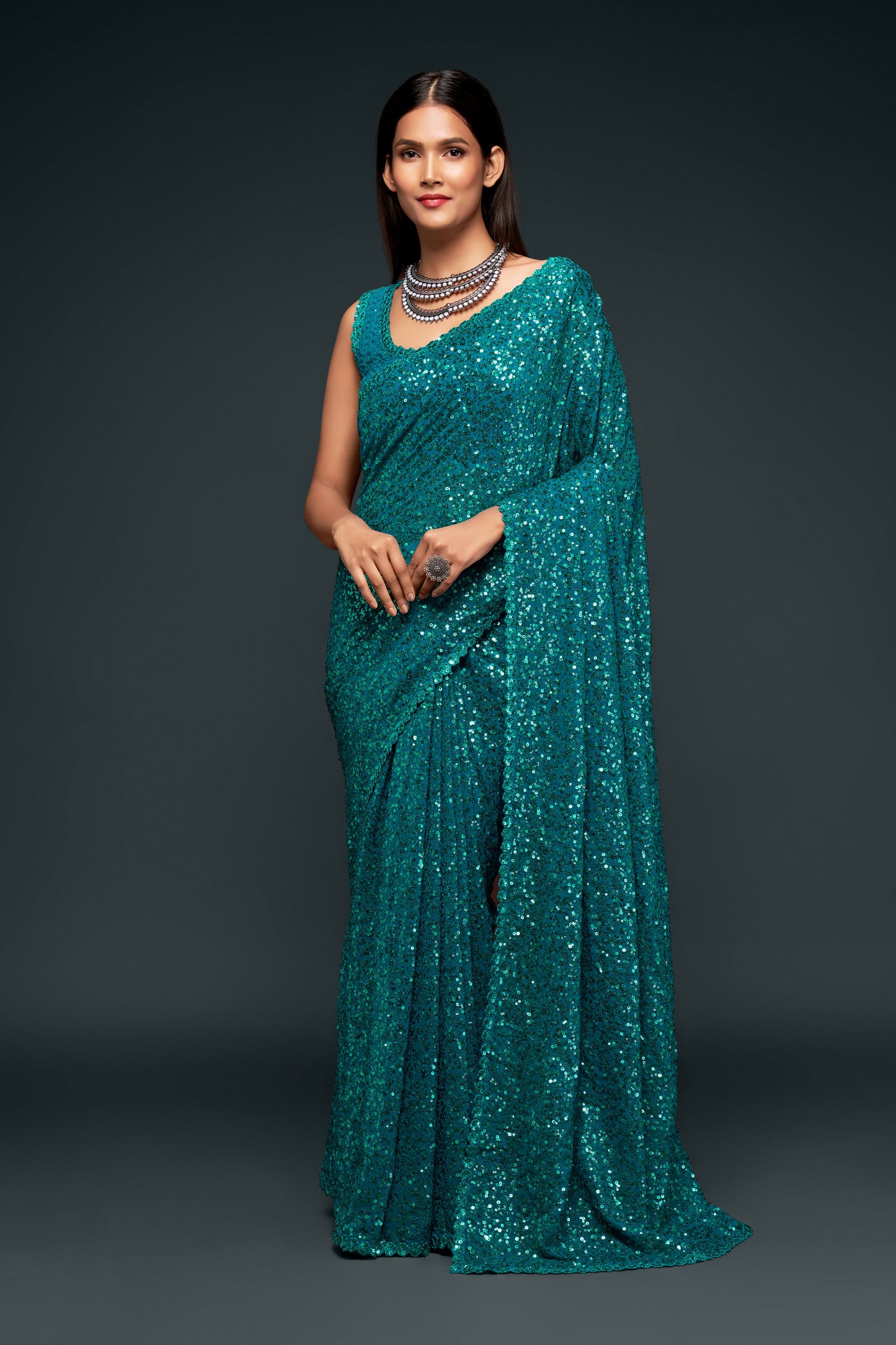 Teal Blue Sequin emblished Designer Sparkling Georgette Saree Bloue for Every Occassions
