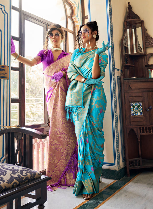 Bright Blue Banarasi Jungla Jaal Meenakari Weaving Saree for Weddings