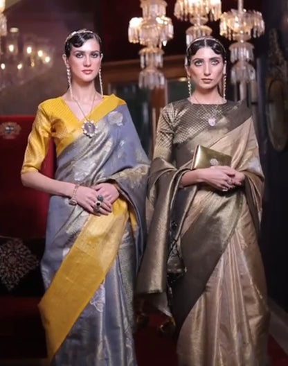 Silver with Yellow  kanjivaram Pattu Saree for Woman