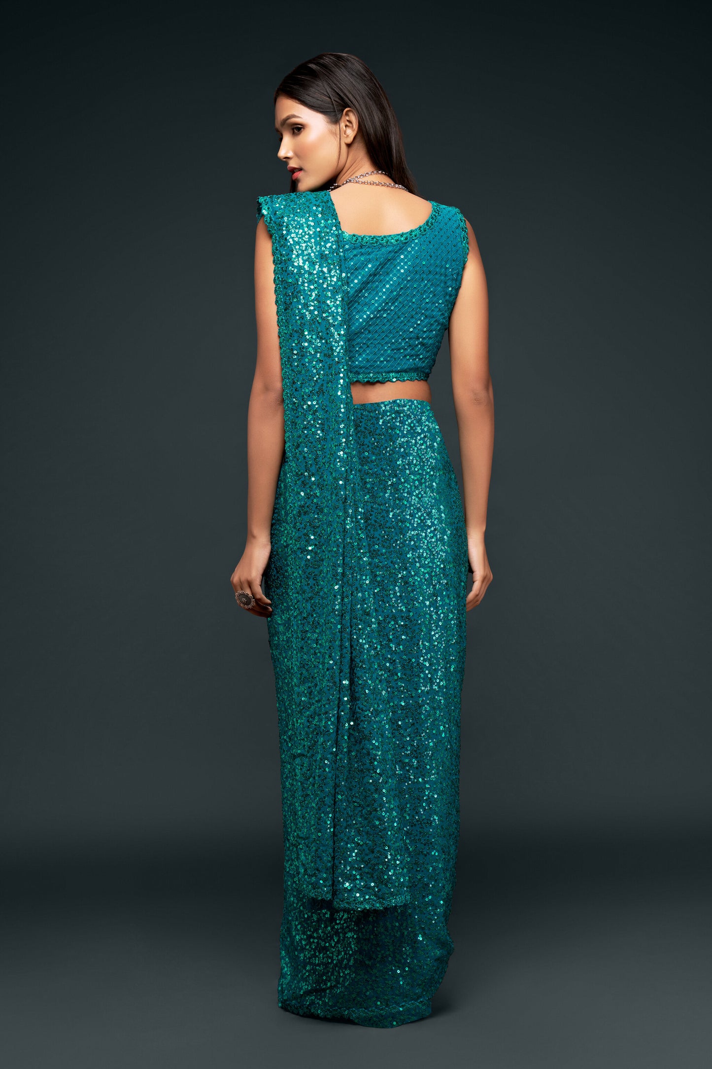Teal Blue Sequin emblished Designer Sparkling Georgette Saree Bloue for Every Occassions
