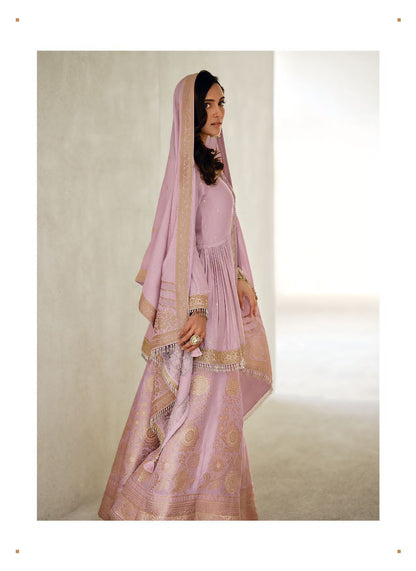 Light Mauve Embroidered Sharara Suit with Organza Embroidered Dupatta