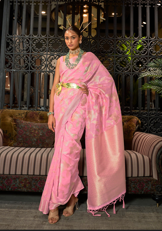 Barbie Pink Woven Banarasi Jungla Jaal Soft Silk Saree