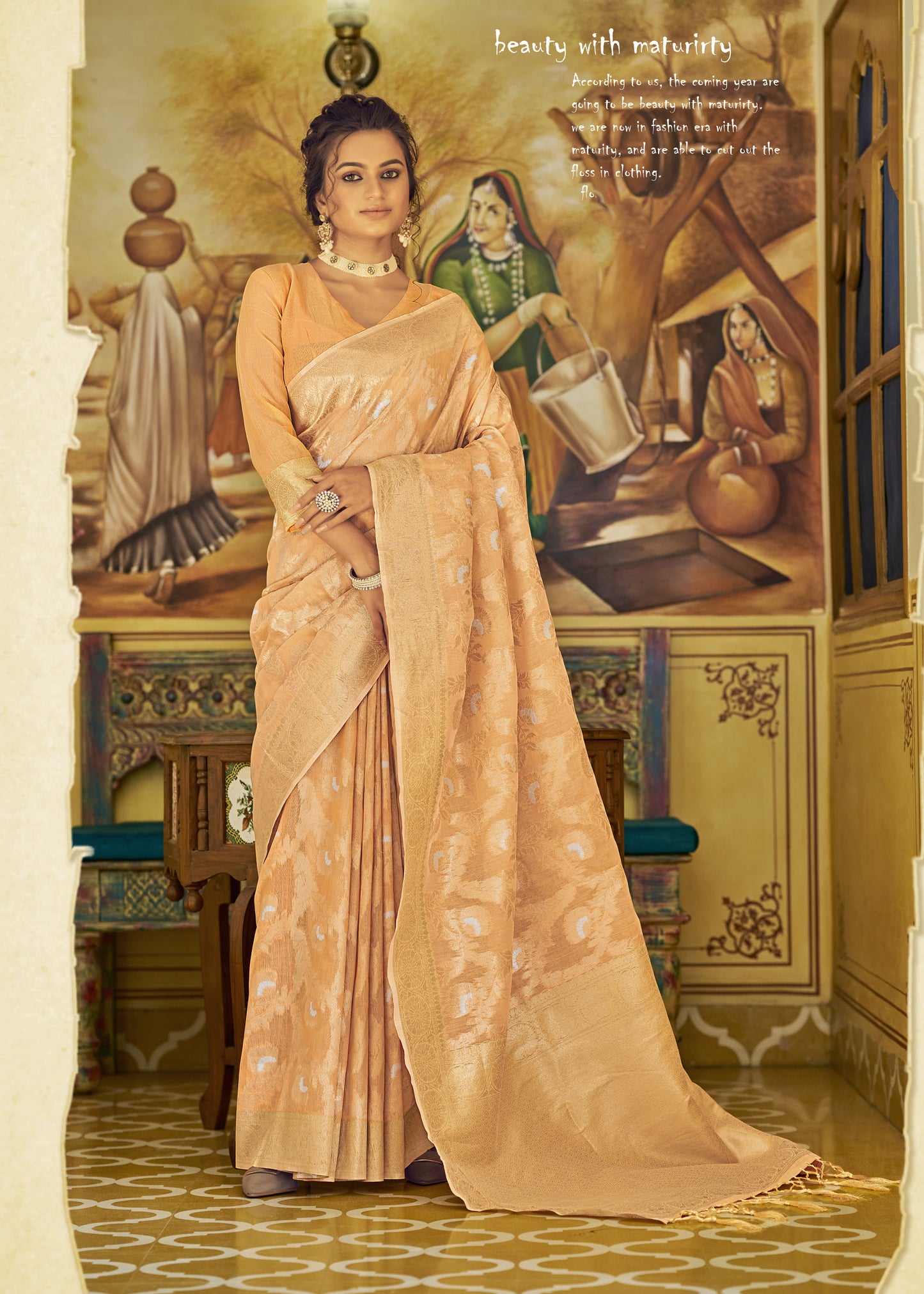 Powder Orange Banarasi Jungla Jaal Zari Woven Saree for Weddings