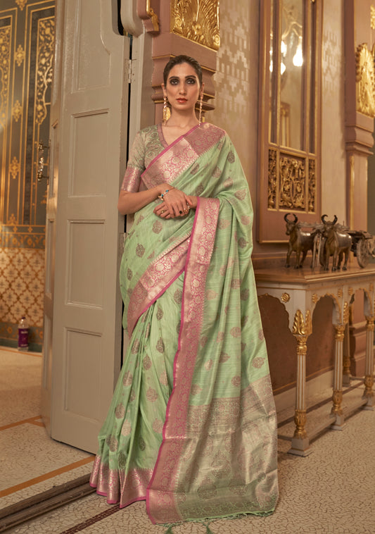 Green with Pink Soft Tussar Silk Saree with Copper Zari Butti