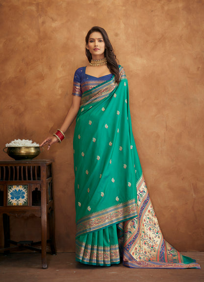 Teal Green Woven Paithani Soft Silk Saree for Weddings