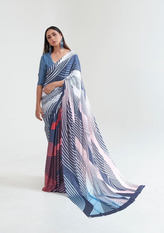 Blue White Abstract 3D Printed Pure Satin Silk Saree for Weddings
