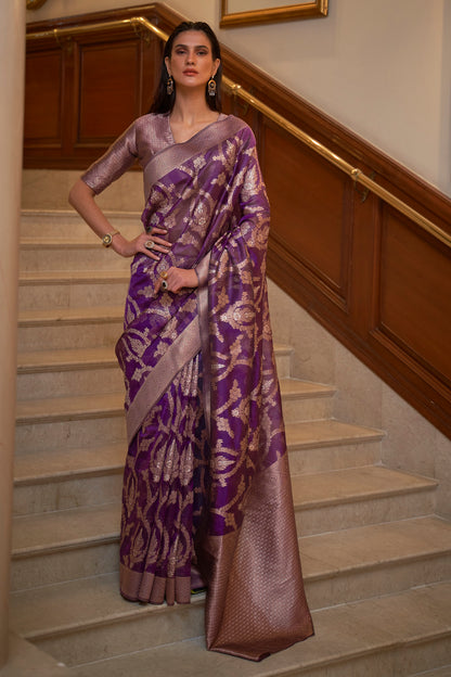 Plum Purple Banarasi Organza Saree with Woven Jaal Weaving