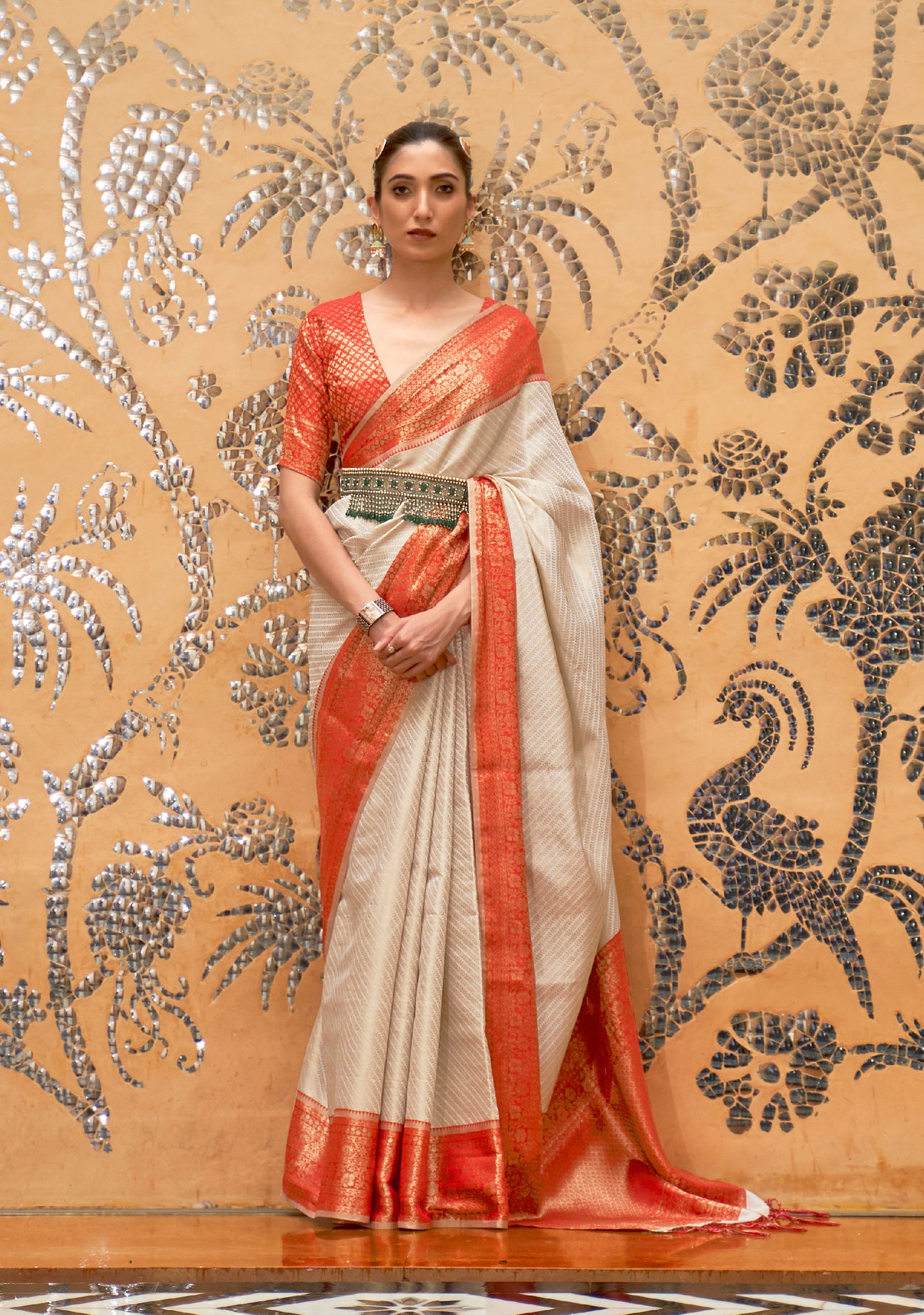 Off White with Red Soft Kanjivaram Silk Saree with Blouse