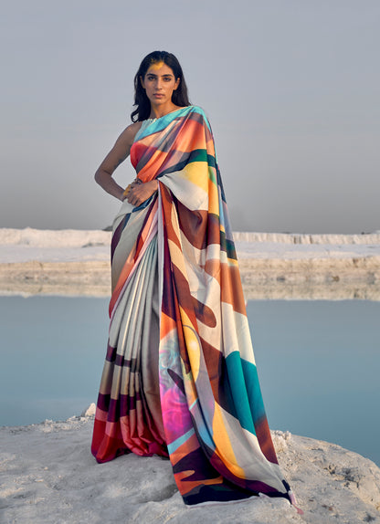 Multicolored Degital Designer Printed Satin Saree