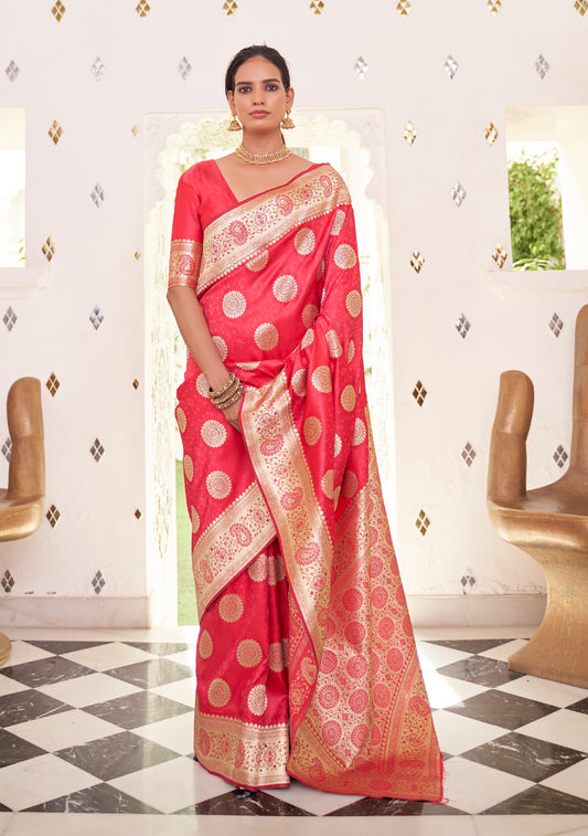 Bright Peach  Stunning Zari Woven Kanjivaram Silk Saree