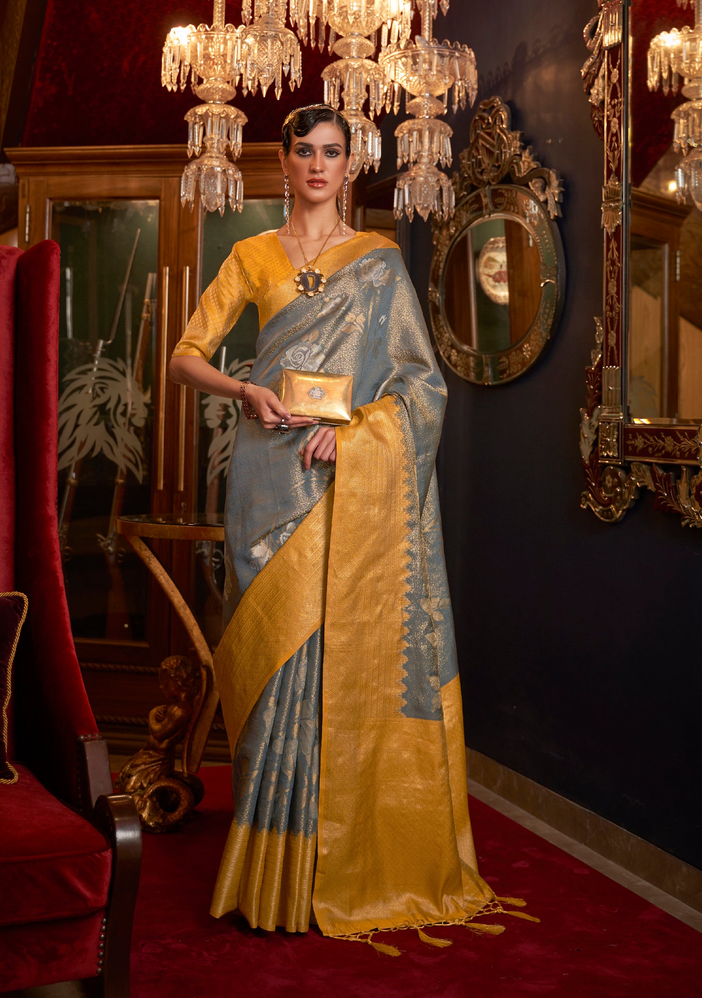 Silver with Yellow  kanjivaram Pattu Saree for Woman