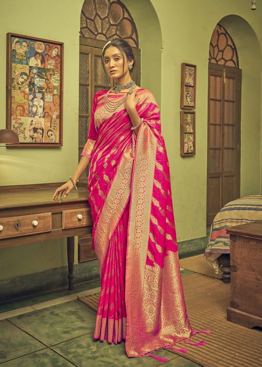 Bright Pink Soft Banarasi Saree with Lehariya Style Zari Weaving