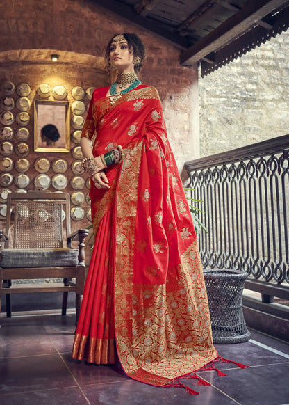 Bright Red Banarasi Kaduwa Dual Zari Woven Saree for Weddings