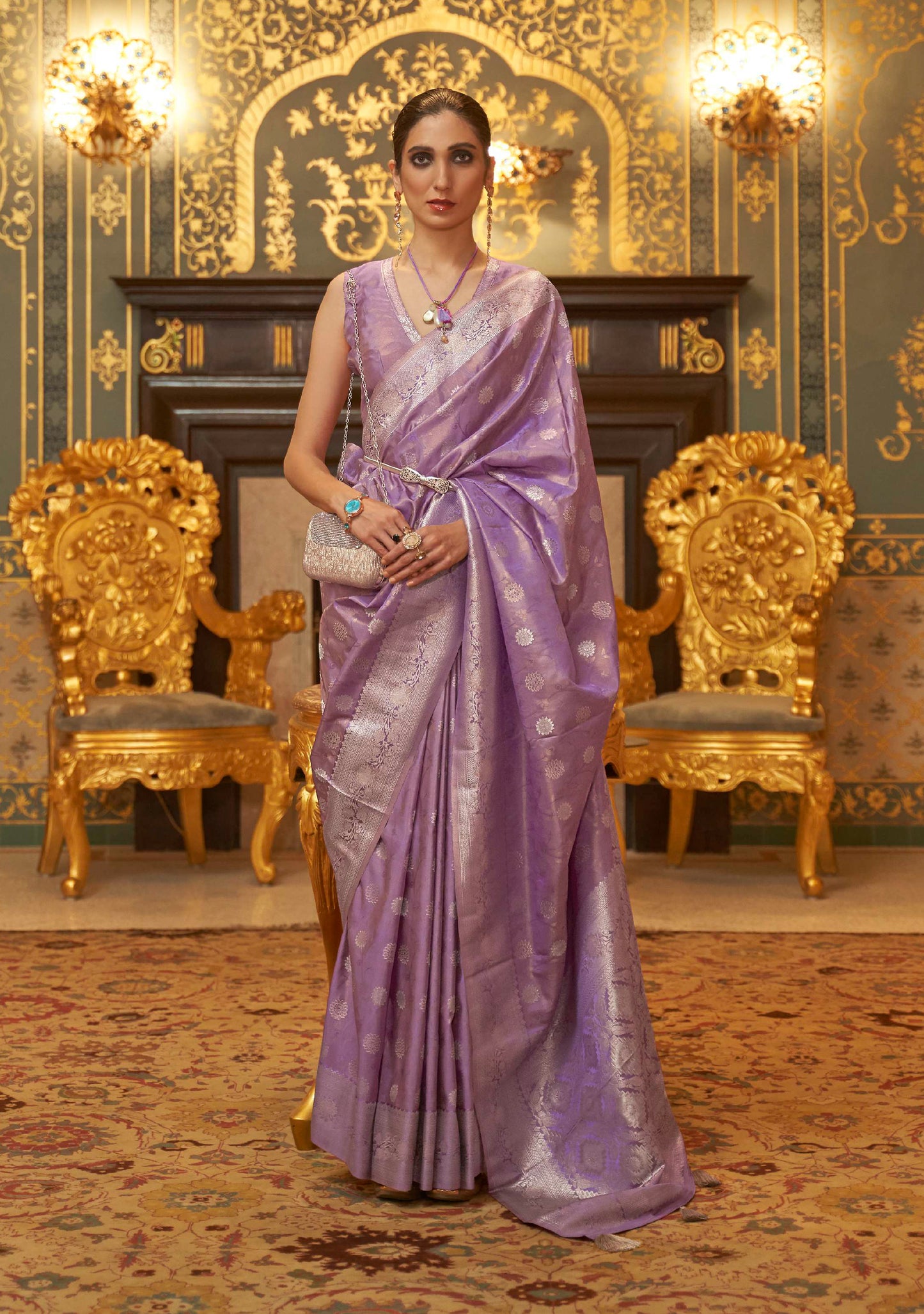 Lilac Purple Banarasi Zari Woven Designer Saree for Weddings