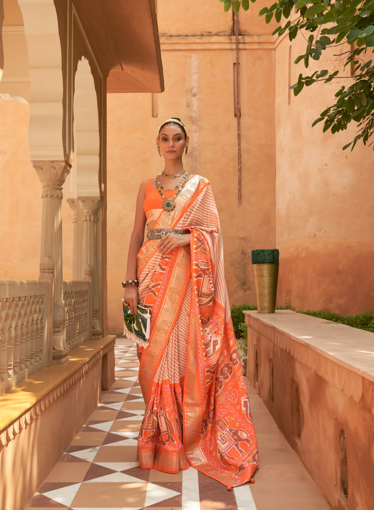 Orange Patola Silk Saree For Woman with Zari Border Patola Saree