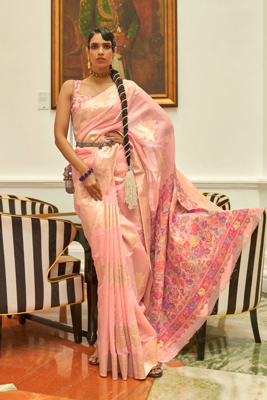 Pale Salmon Chanderi Inspired Woven Saree with Kashmiri Pallu and Blouse