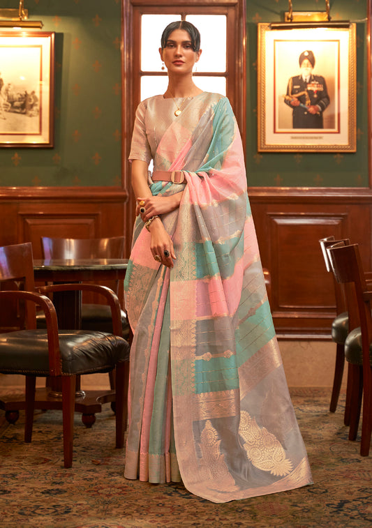 Turquoise, Pink and Golden Shadded Beautiful Organza Silk Saree Blouse for Woman