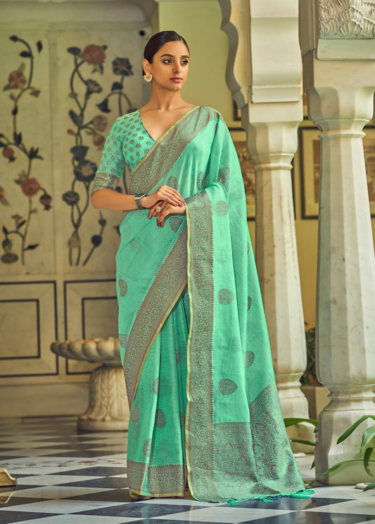 Mint Green Woven Linen Silk Saree