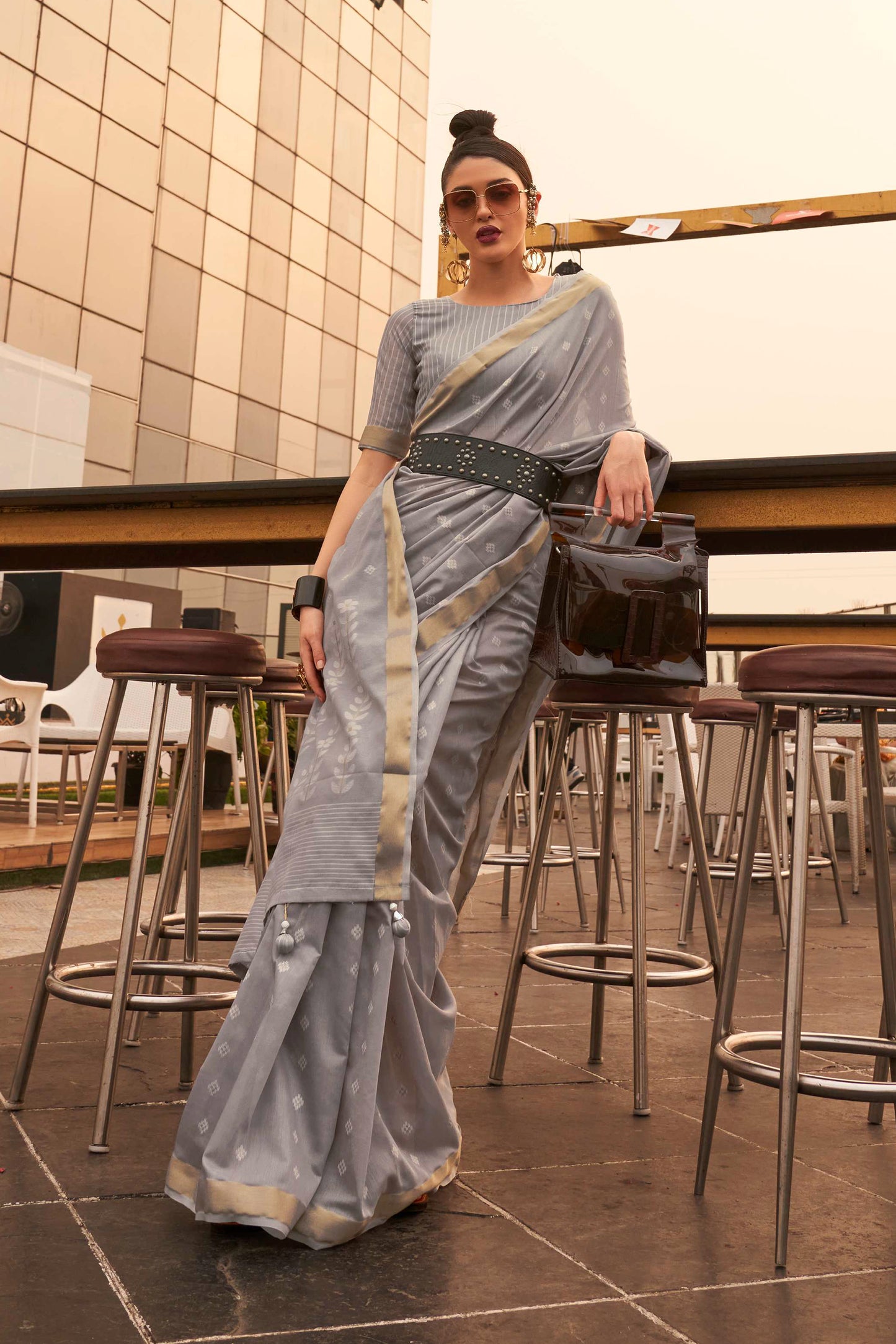 Soft Grey linen Inspired Designer Saree