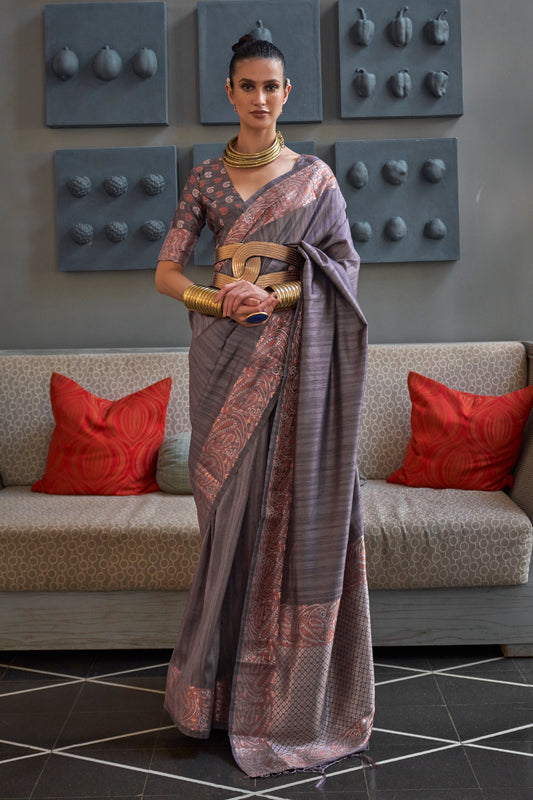 Dove Gray Latest Designer Tussar Silk Saree Blouse for Women