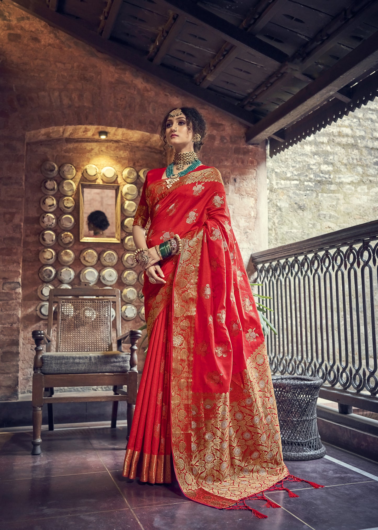 Bright Red Banarasi Kaduwa Dual Zari Woven Saree for Weddings