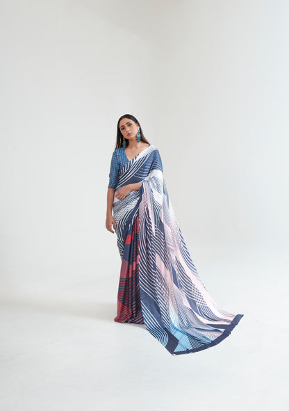 Blue White Abstract 3D Printed Pure Satin Silk Saree for Weddings