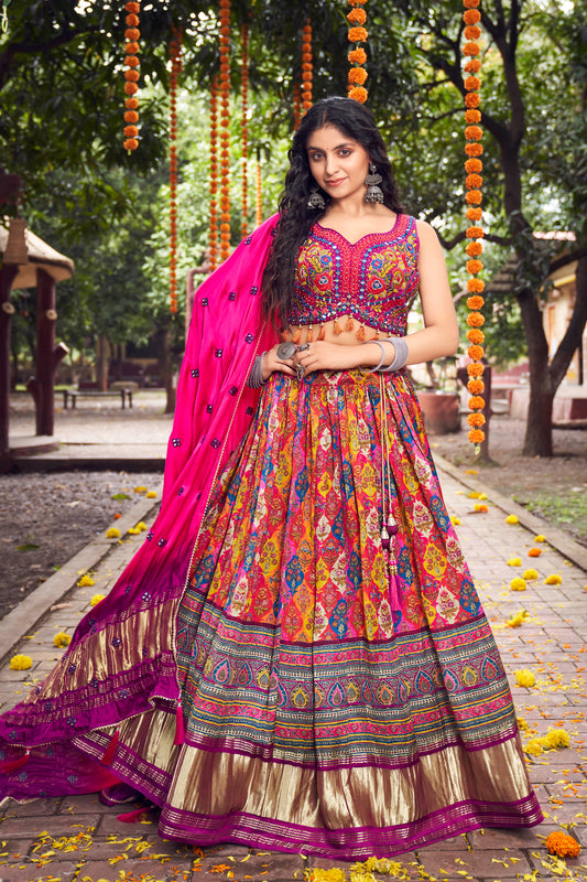 Hot PinkTraditional Gajji Lahenga Choli with Designer Embroidered Mirror Embellished Blouse