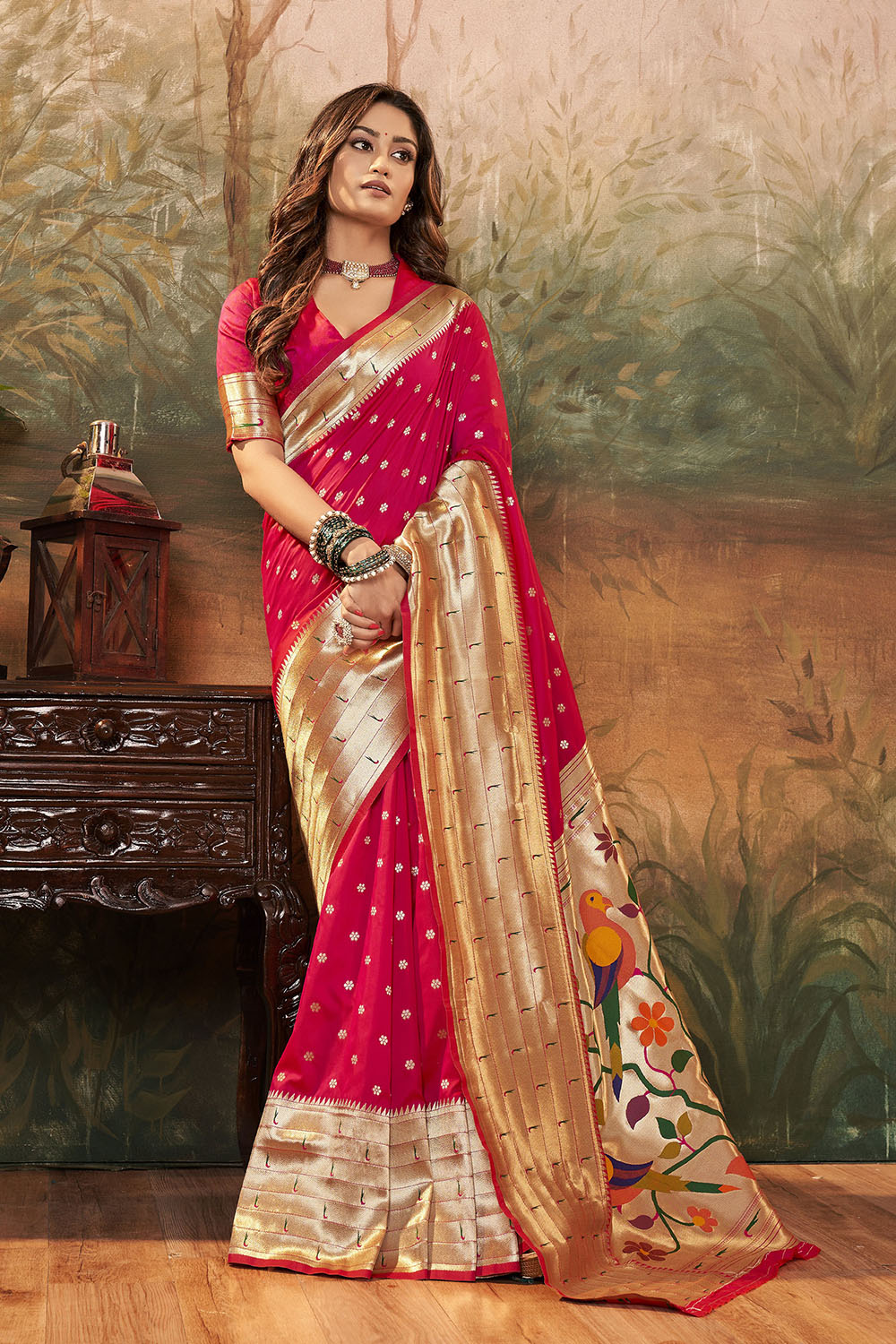 Crimson Red Banarasi Paithani Saree with Parrot Pallu and Broad Zari Border