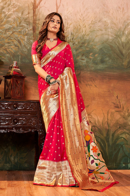 Crimson Red Banarasi Paithani Saree with Parrot Pallu and Broad Zari Border