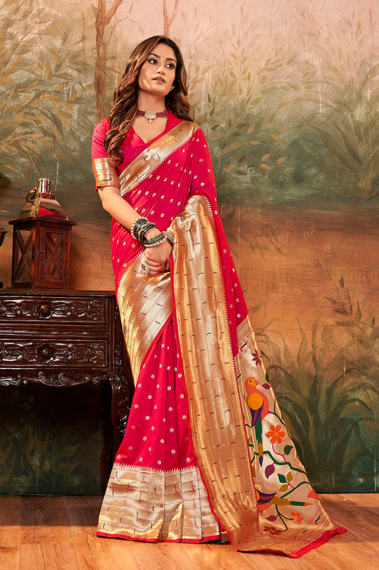 Crimson Red Banarasi Paithani Saree with Parrot Pallu and Broad Zari Border