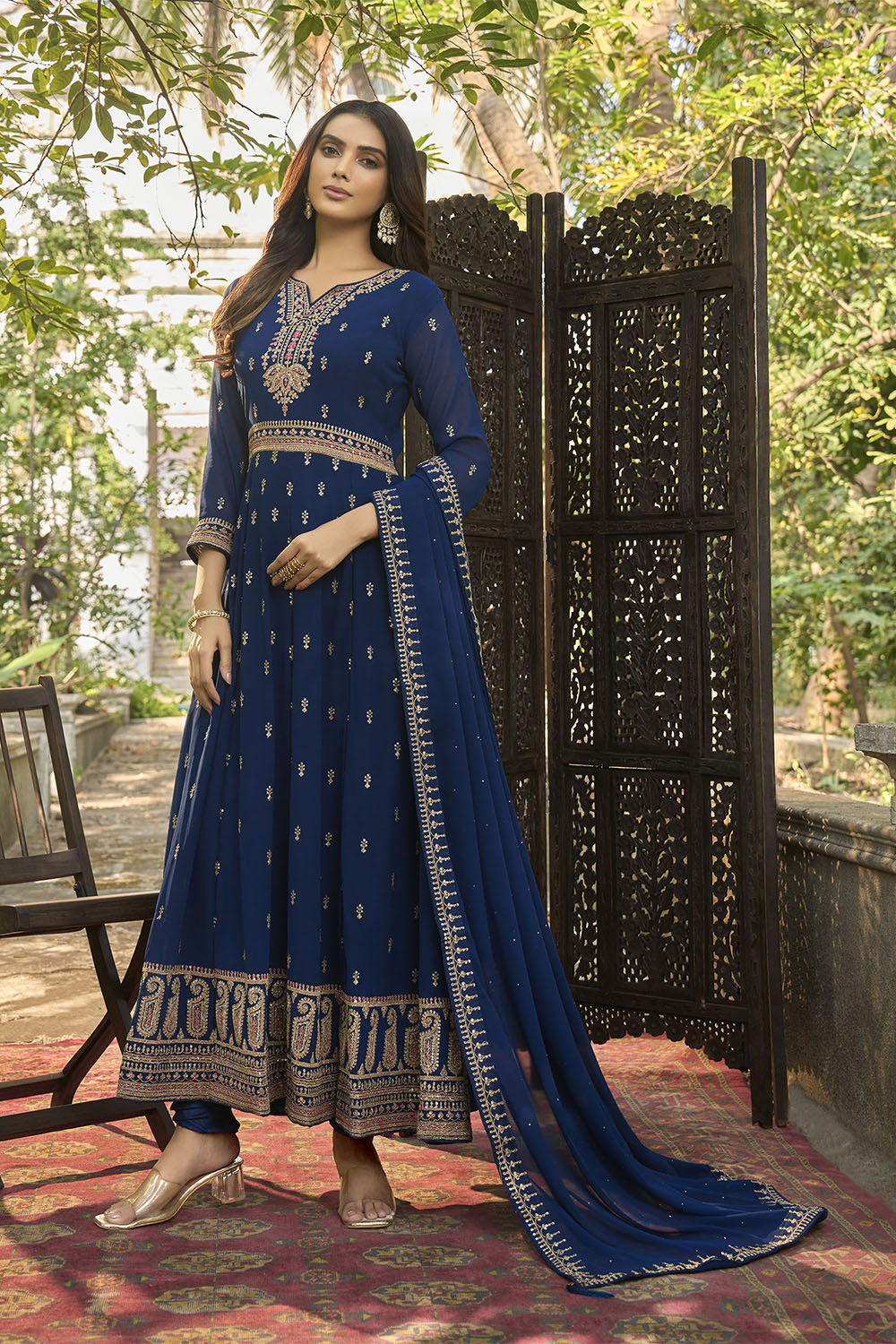 Navy Blue Embroidered Partywear Gown Suit with Dupatta