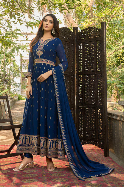 Navy Blue Embroidered Partywear Gown Suit with Dupatta