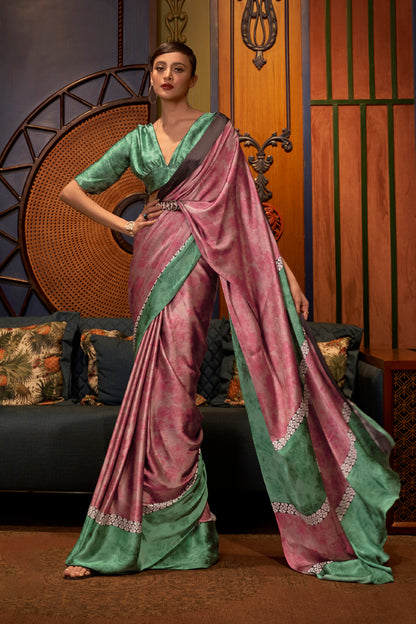 Pink Designer 3d Printed Soft Satin Silk Saree with Blouse