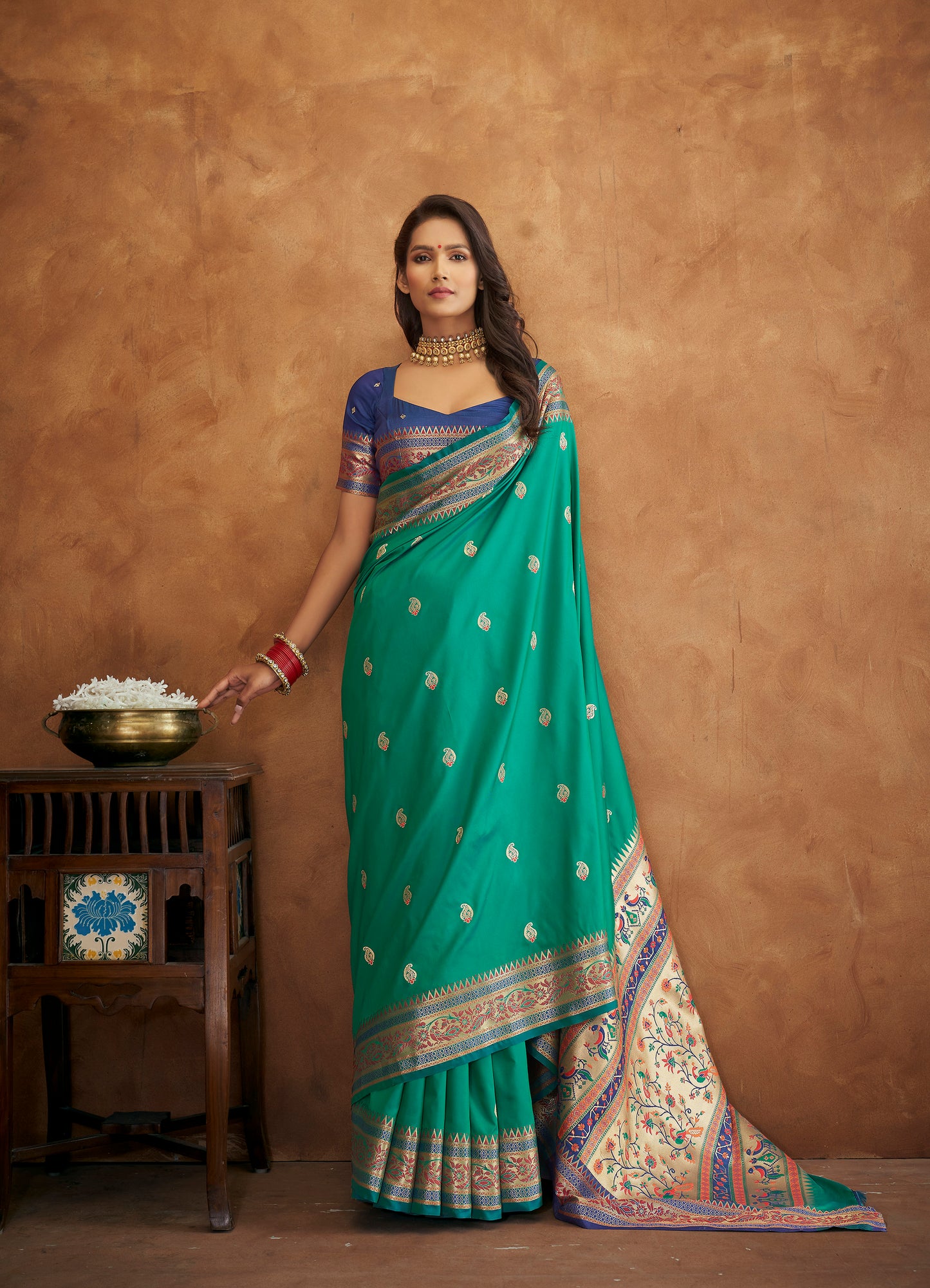 Teal Green Woven Paithani Soft Silk Saree for Weddings