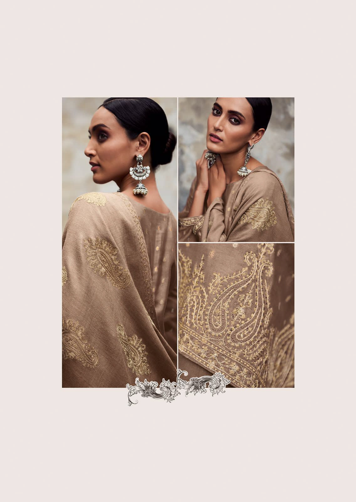 Biscuit Brown Pashmina Inspired Paisly Design One Color Suit Pant and Dupatta